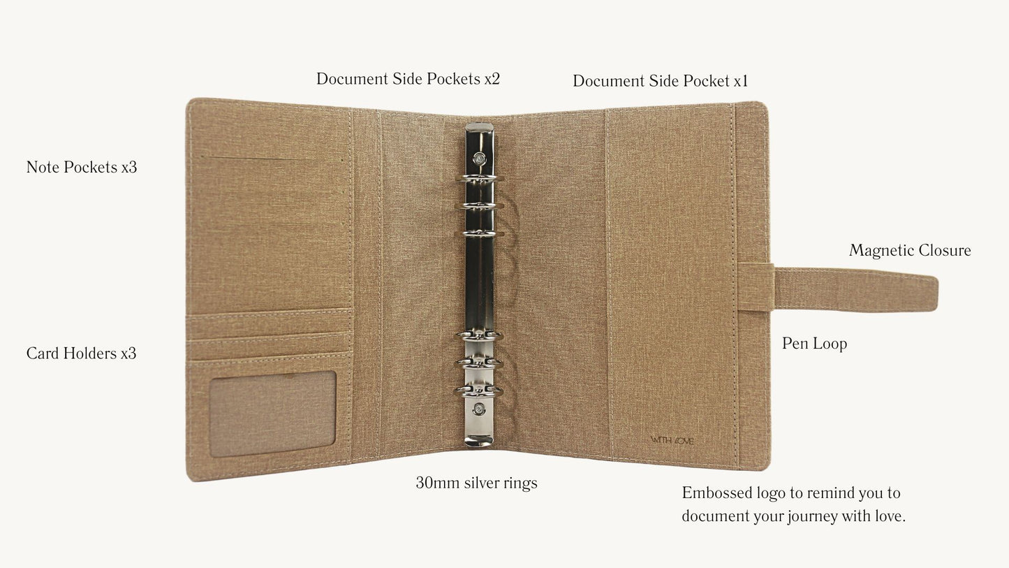 Open view of a brown linen-feel vegan leather A5 planner cover from With Love Archive, showcasing internal pockets, 30mm silver rings, a pen loop, and a magnetic closure.