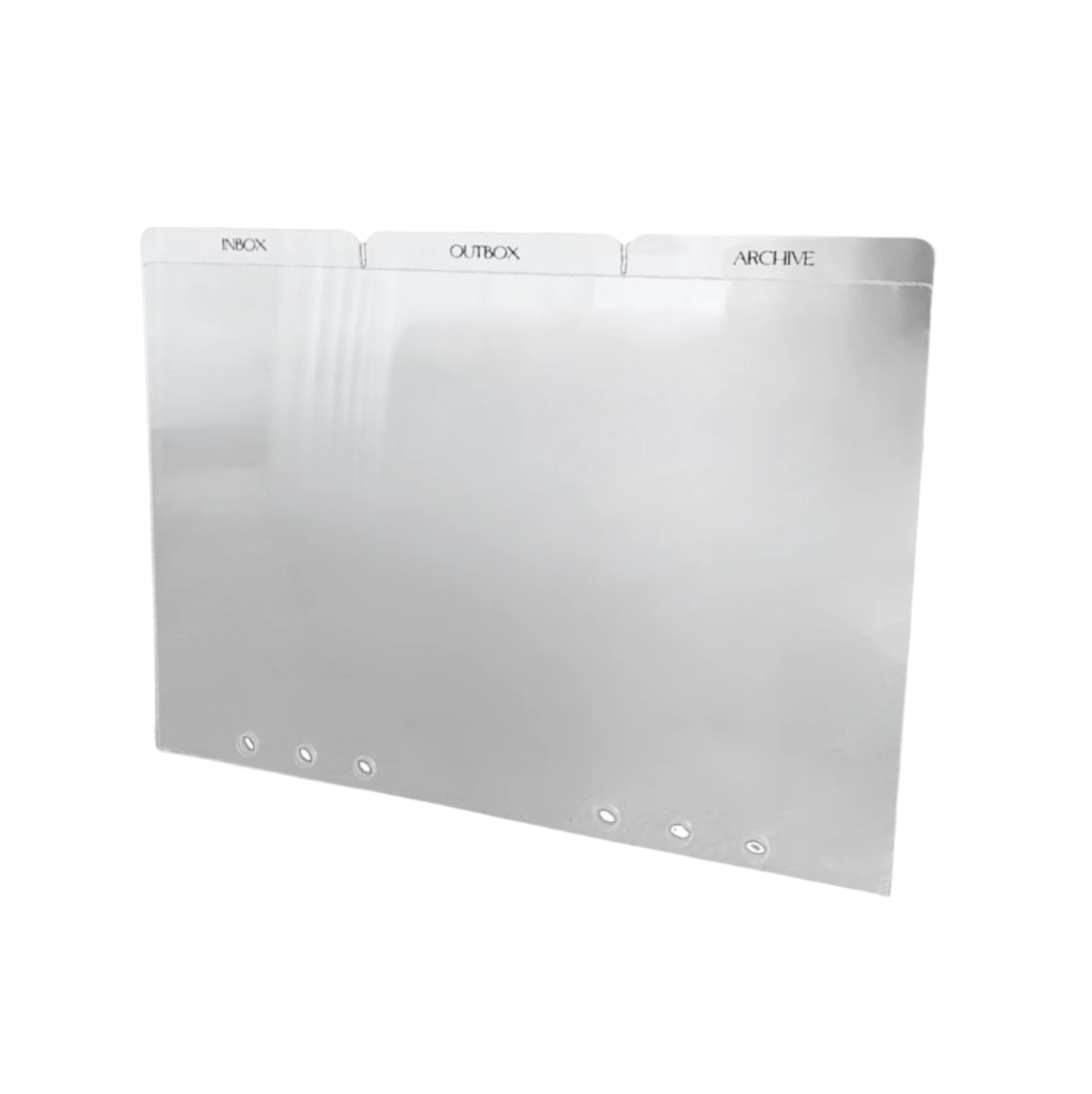 Acrylic transparent IOA divider featuring three tabs labeled 'Inbox,' 'Outbox,' and 'Archive,' designed for clear and organized separation of sections in your planner.